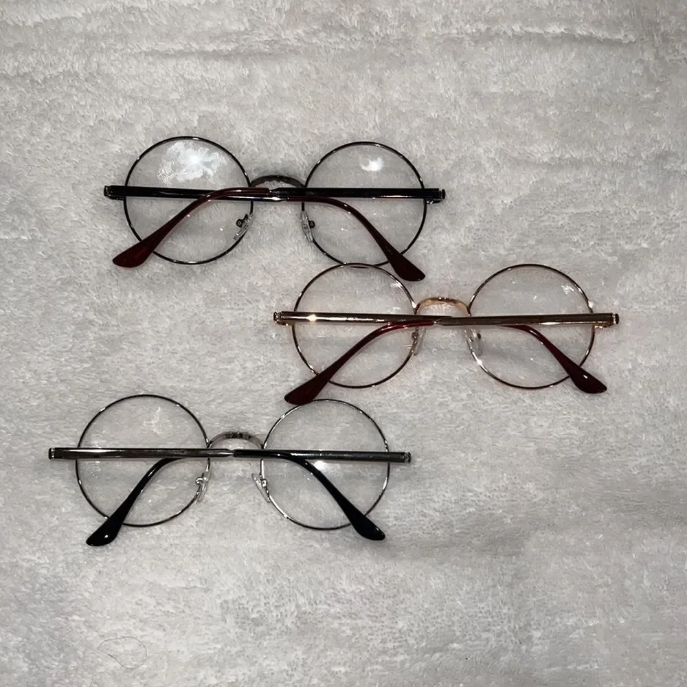 Three pair bundle clear lense glasses gold brown and silver
